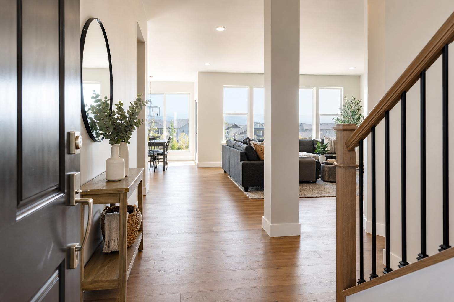 Sunlit finished entry and main living area with hardwood flooring.