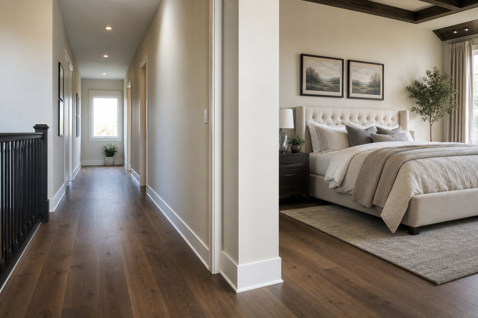 Finished bedroom and hallway with warm hardwood floors.