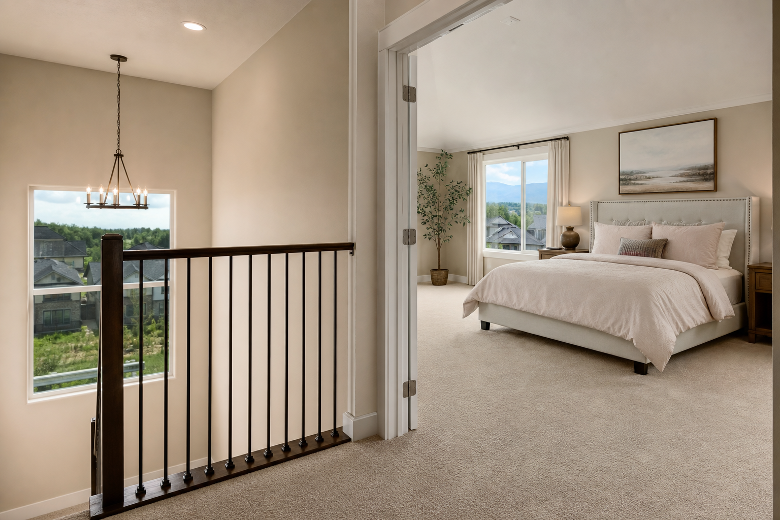 Finished Bluffdale-area bedroom and stair landing with warm neutral carpet