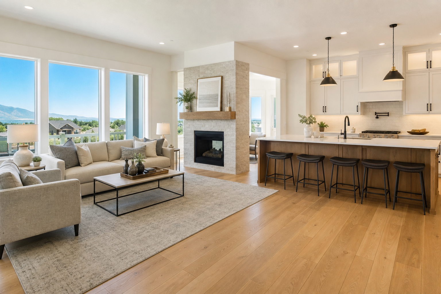 Finished open-concept great room in a Bluffdale-area home with warm waterproof real wood flooring
