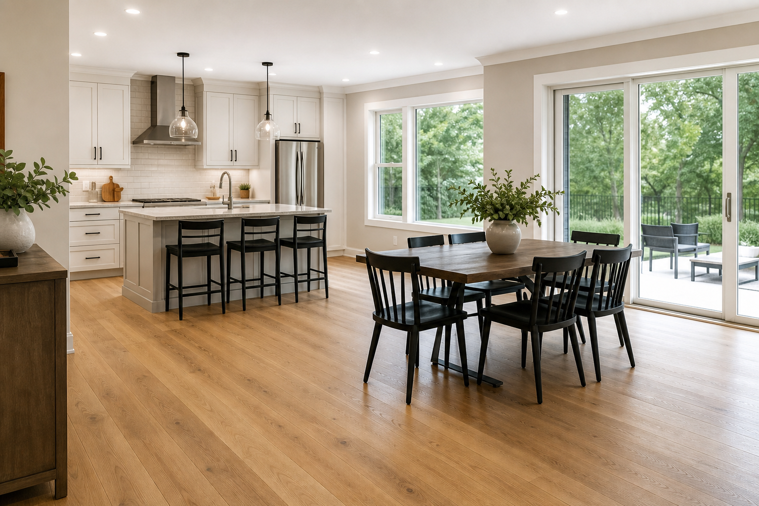 Finished kitchen and dining space with waterproof real wood flooring and patio access