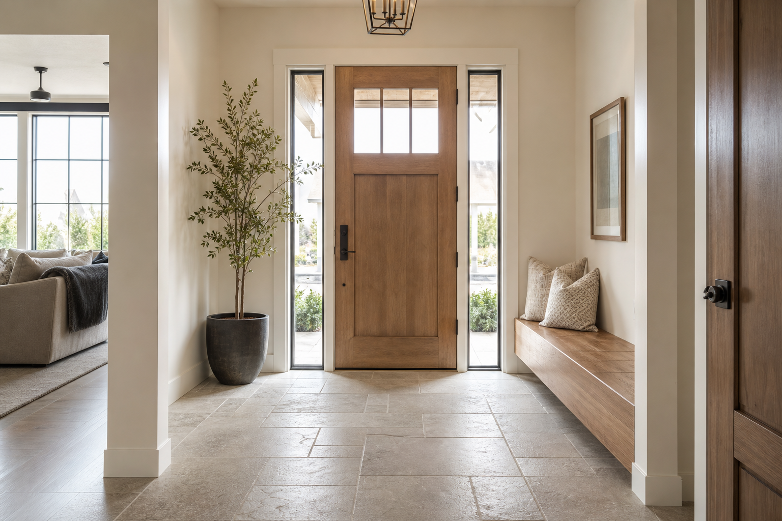Finished Bluffdale-area home entry with natural stone flooring and warm natural light