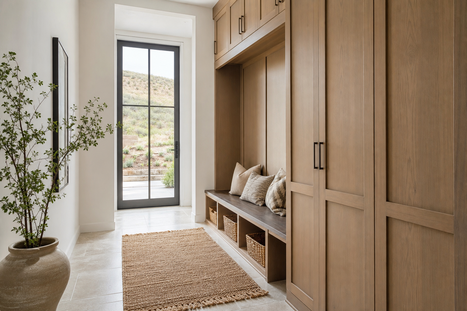 Finished mudroom with natural stone floor and clean storage details