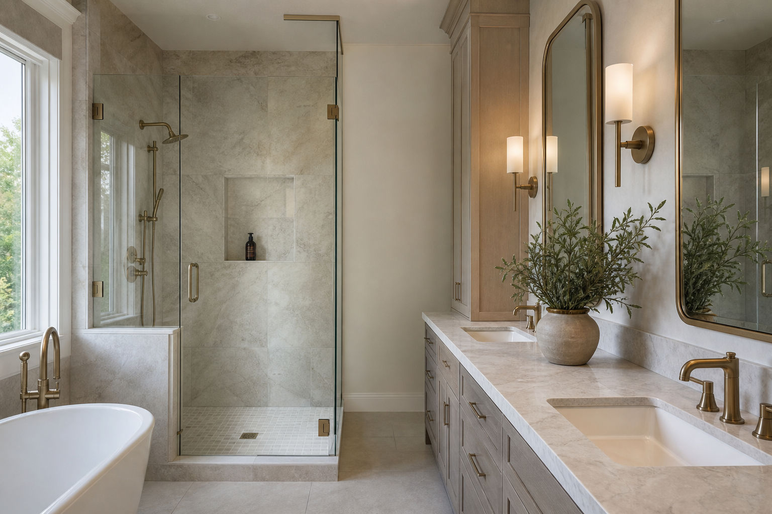 Finished bathroom with natural stone shower and vanity surface