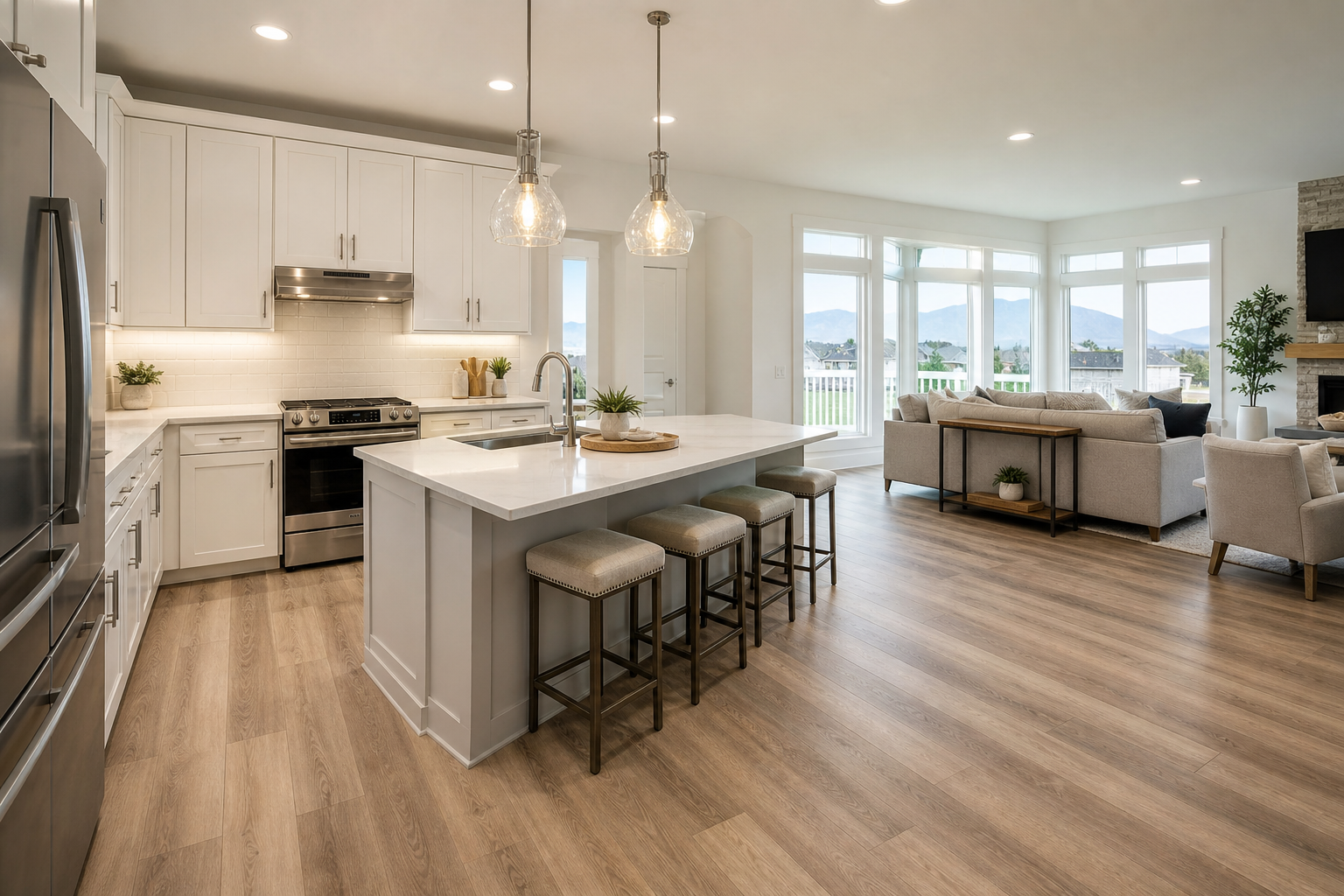 Finished kitchen and family room with installed LVP flooring
