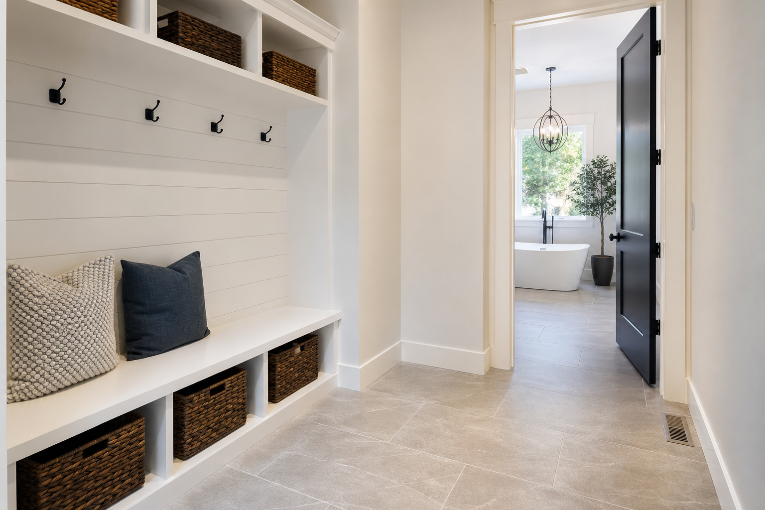 Finished mudroom entry and bathroom with porcelain tile