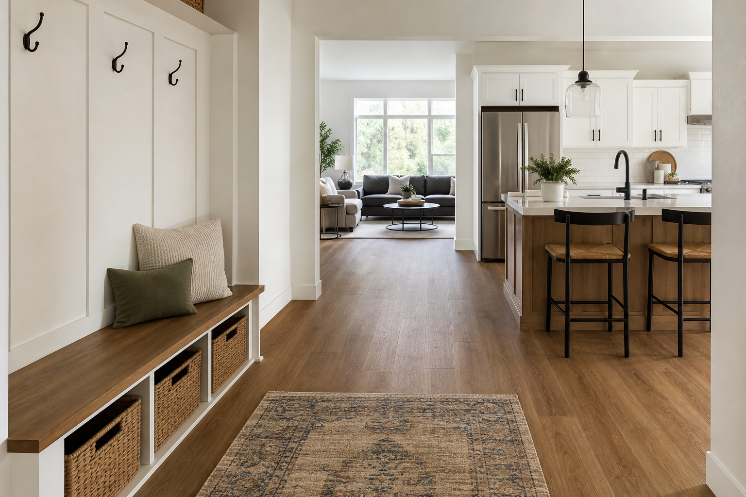 Finished Bluffdale-style entry and kitchen with warm wood-look luxury vinyl plank flooring.