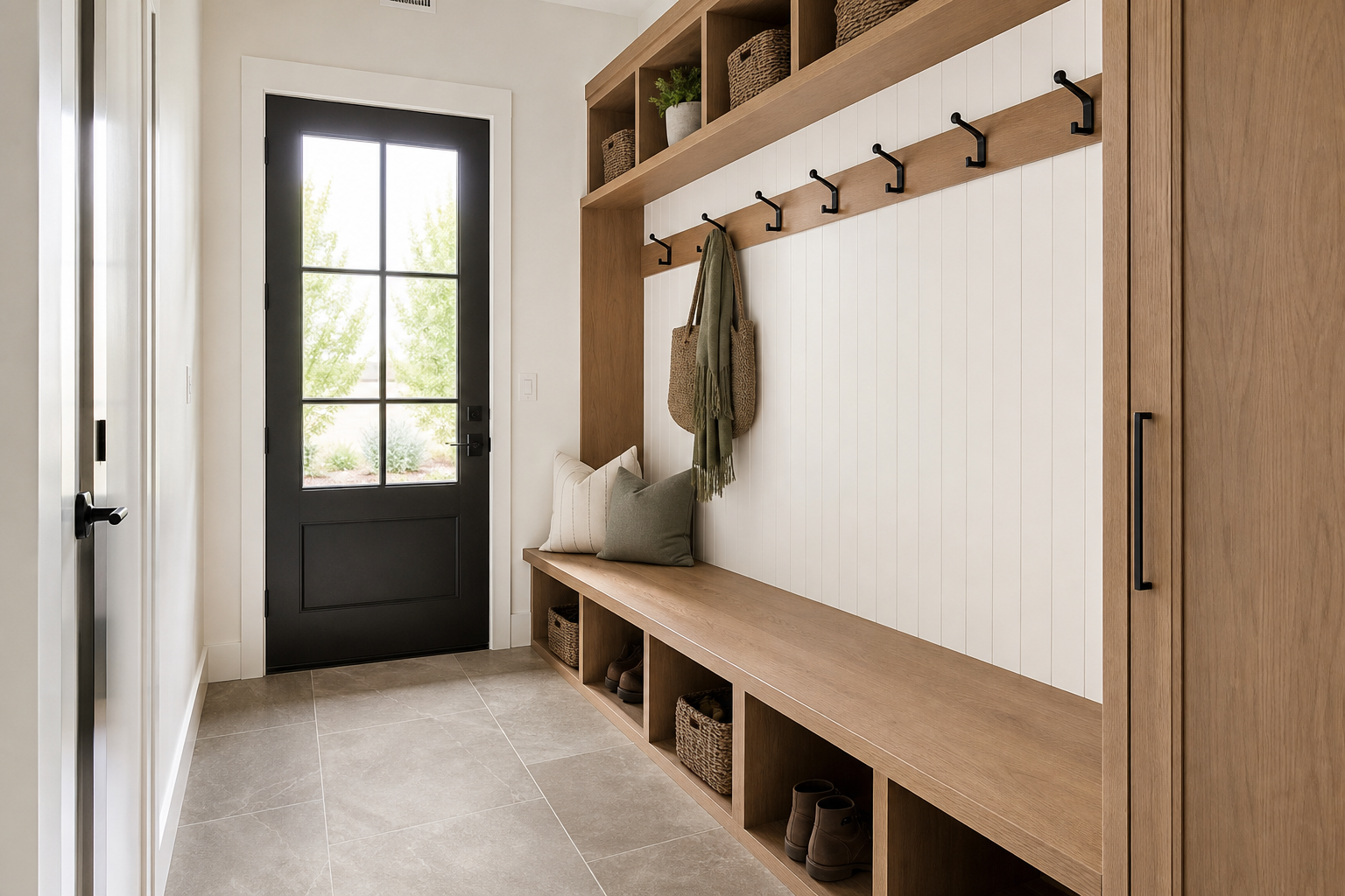 Finished Bluffdale-style mudroom with warm porcelain tile flooring