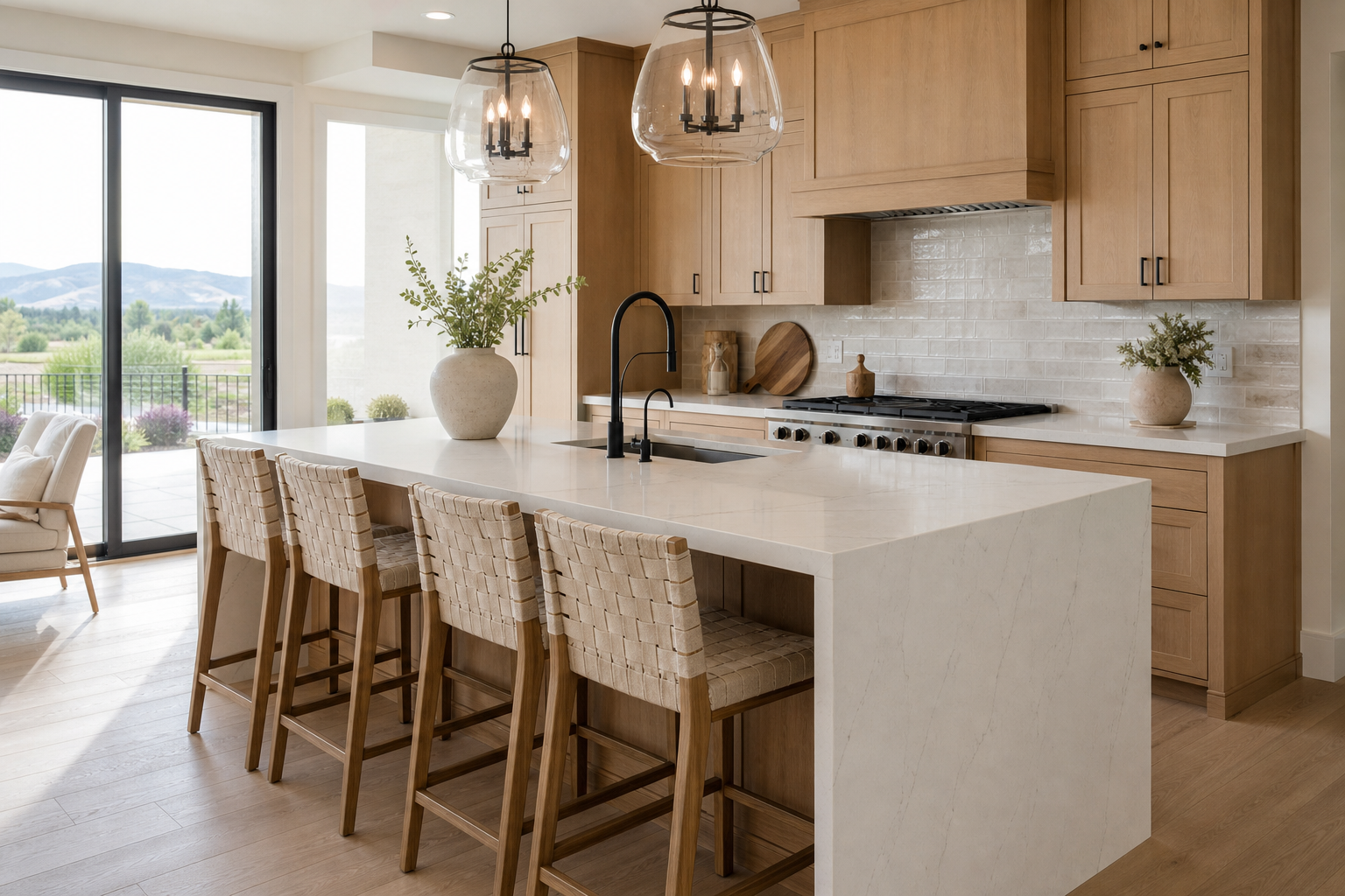 Finished Bluffdale-style kitchen with quartz countertops and coordinated backsplash