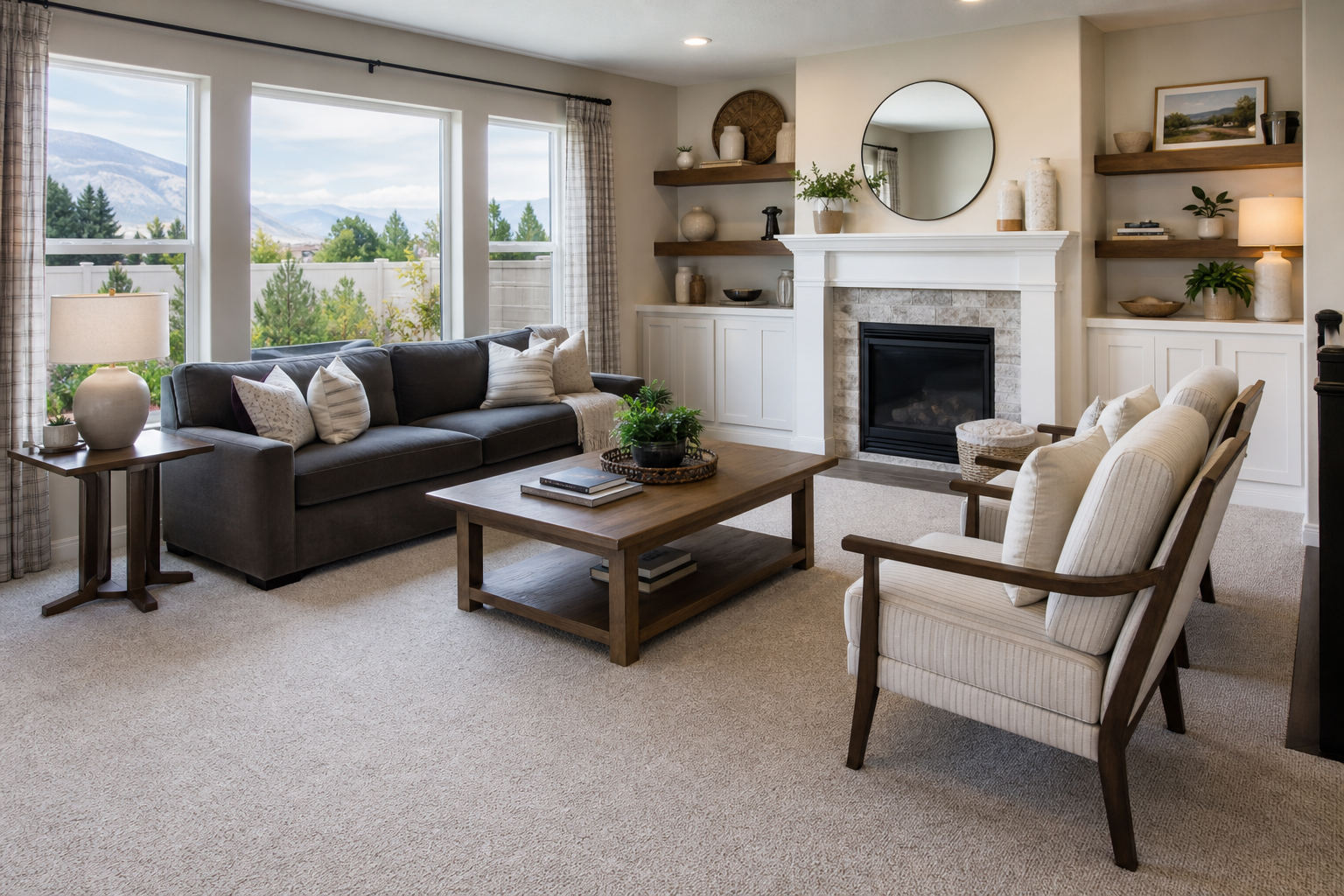 Finished Bluffdale-style living room with fresh neutral carpet and bright natural light.