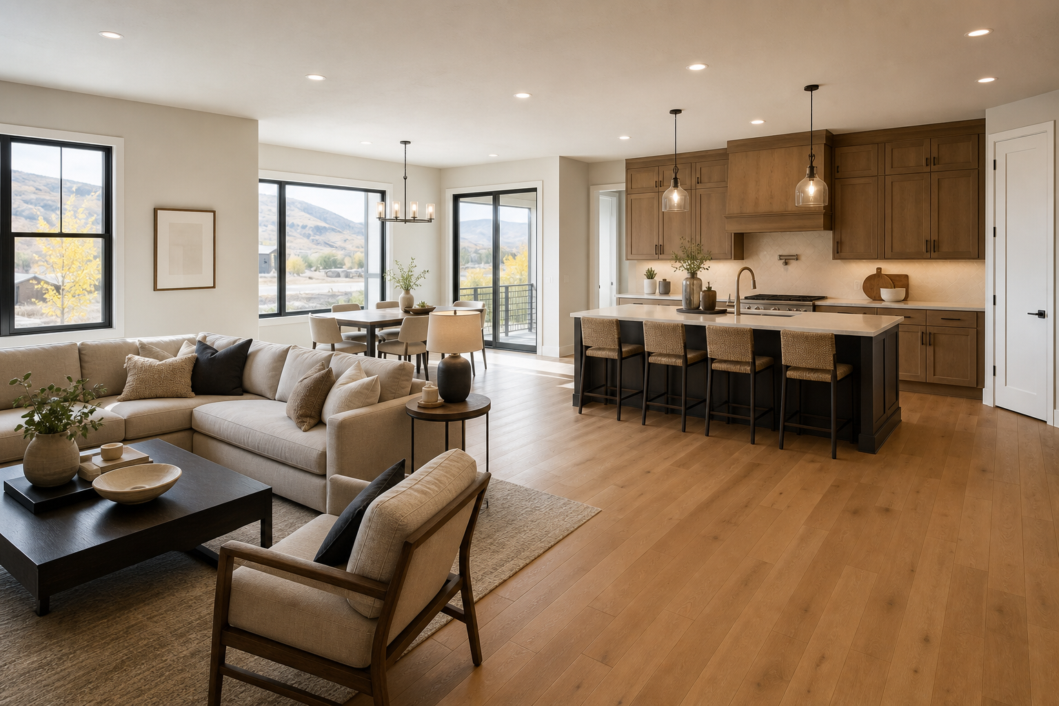 Finished Bluffdale-style great room with warm hardwood floors