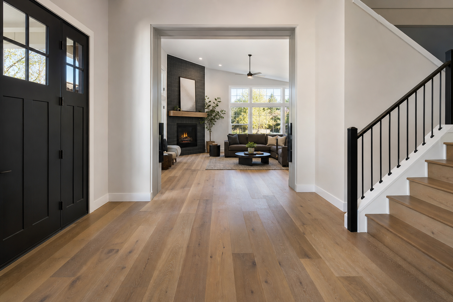 Finished entry and living area with hardwood flooring