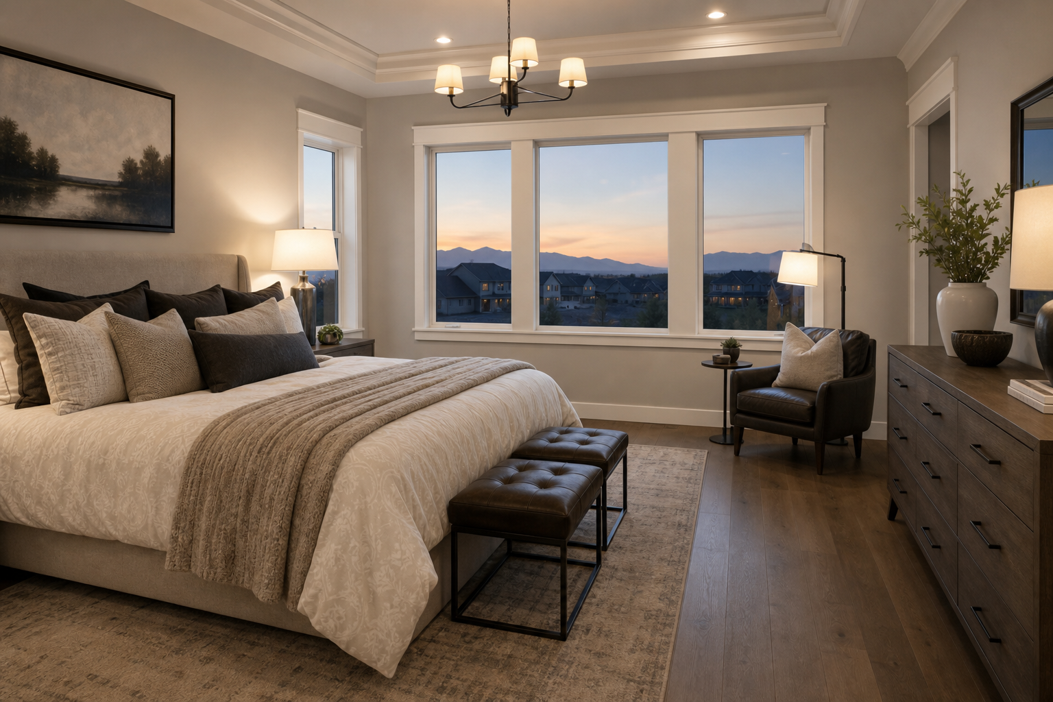 Finished bedroom with matte hardwood floors