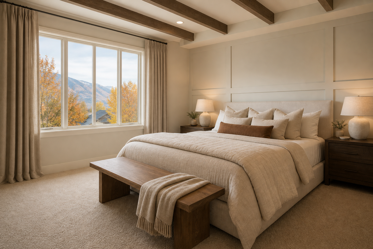 Finished primary bedroom with plush neutral carpet and natural light.