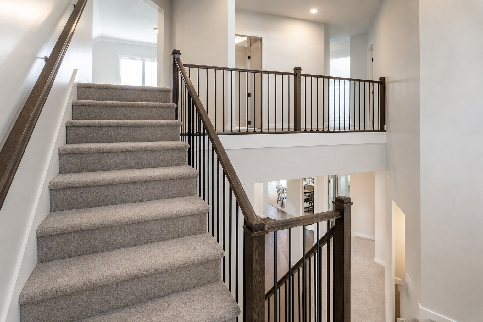 Finished carpeted staircase and upper landing with clean stair detail.