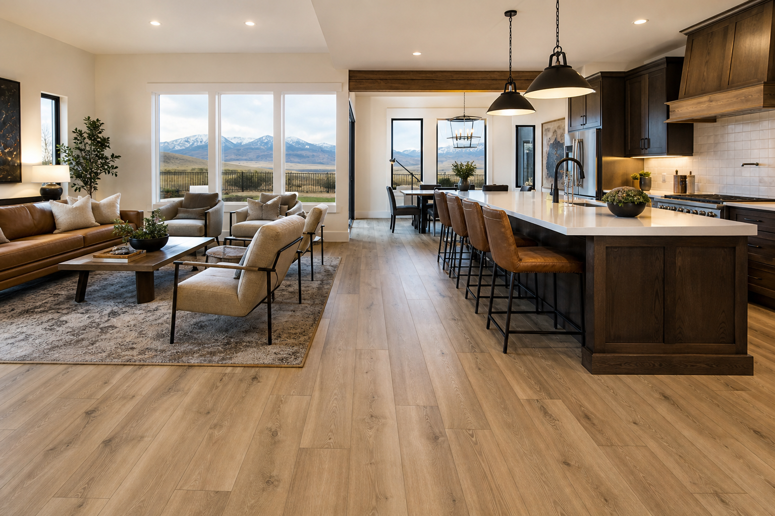 Finished Bluffdale-style open living area with wood-look luxury vinyl plank flooring