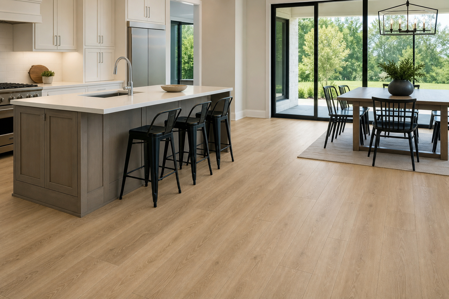 Finished modern kitchen with subtle-edge luxury vinyl plank flooring