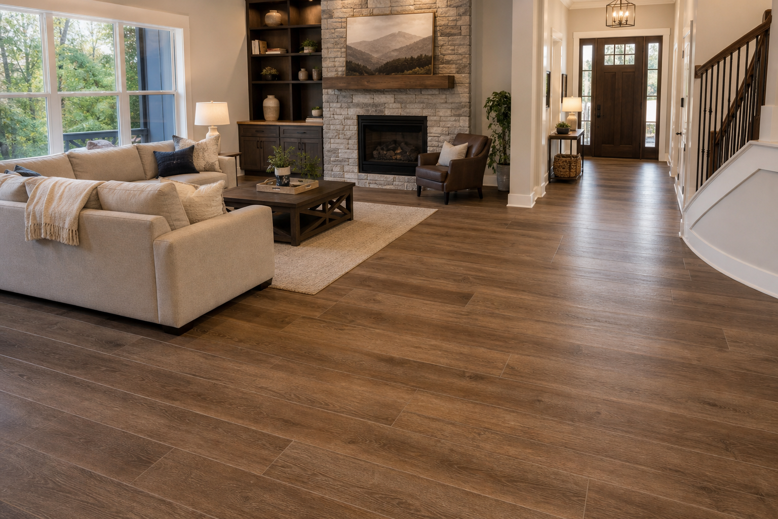 Finished family room with more defined beveled luxury vinyl plank flooring