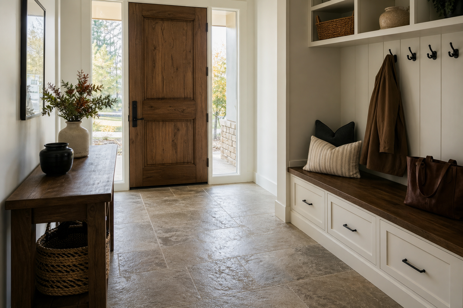 Finished Bluffdale-style entry with natural stone flooring and warm neutral tones