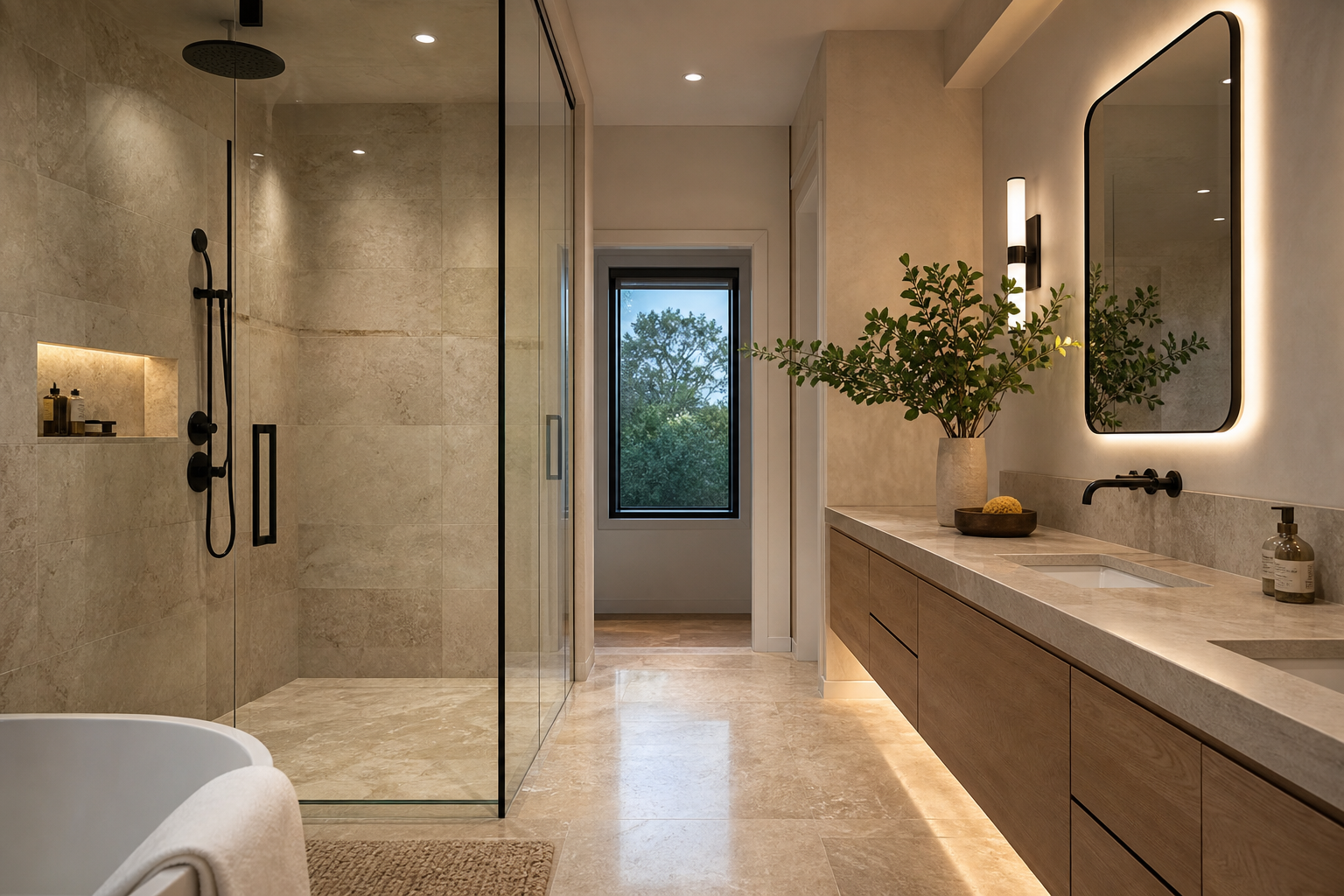 Finished bathroom with natural stone shower and floor