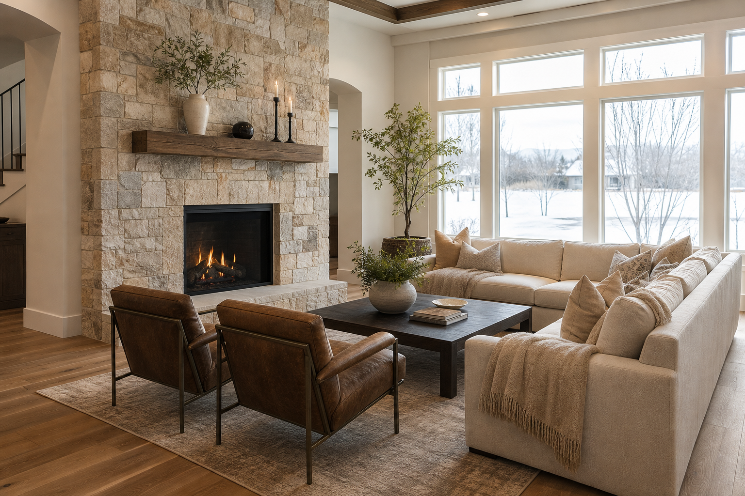 Finished living room with natural stone fireplace surround