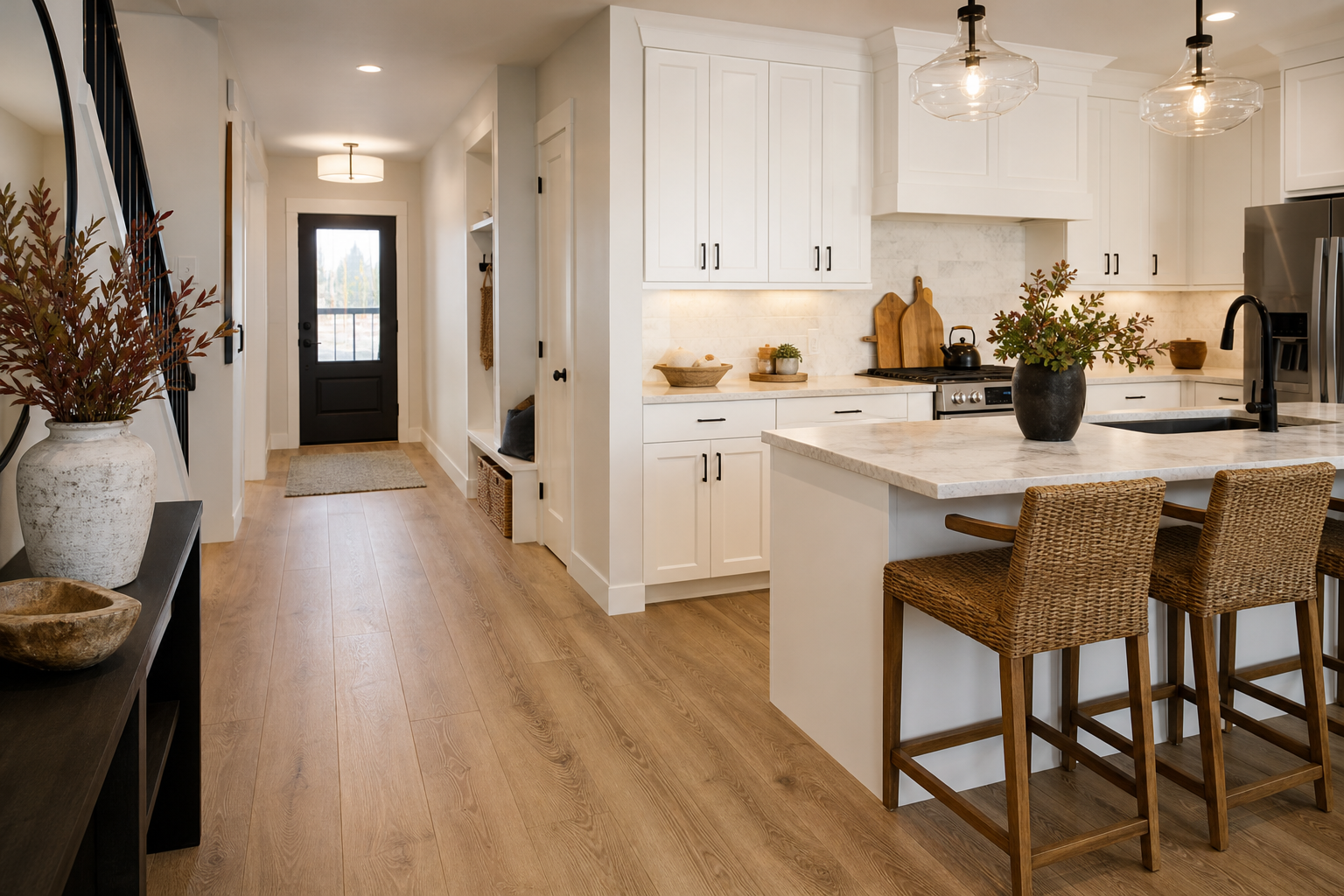 Finished Bluffdale-style kitchen and entry with oak-look luxury vinyl flooring