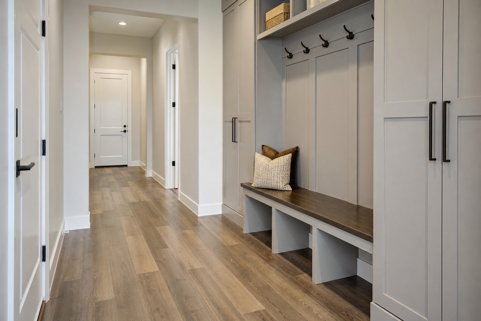 Finished mudroom and hallway with waterproof luxury vinyl flooring