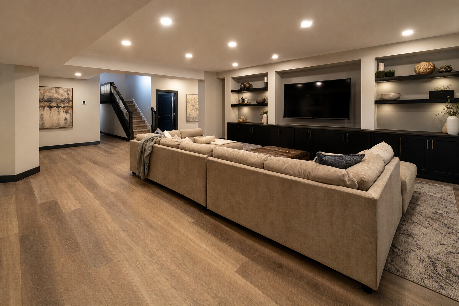 Finished basement family room with luxury vinyl flooring