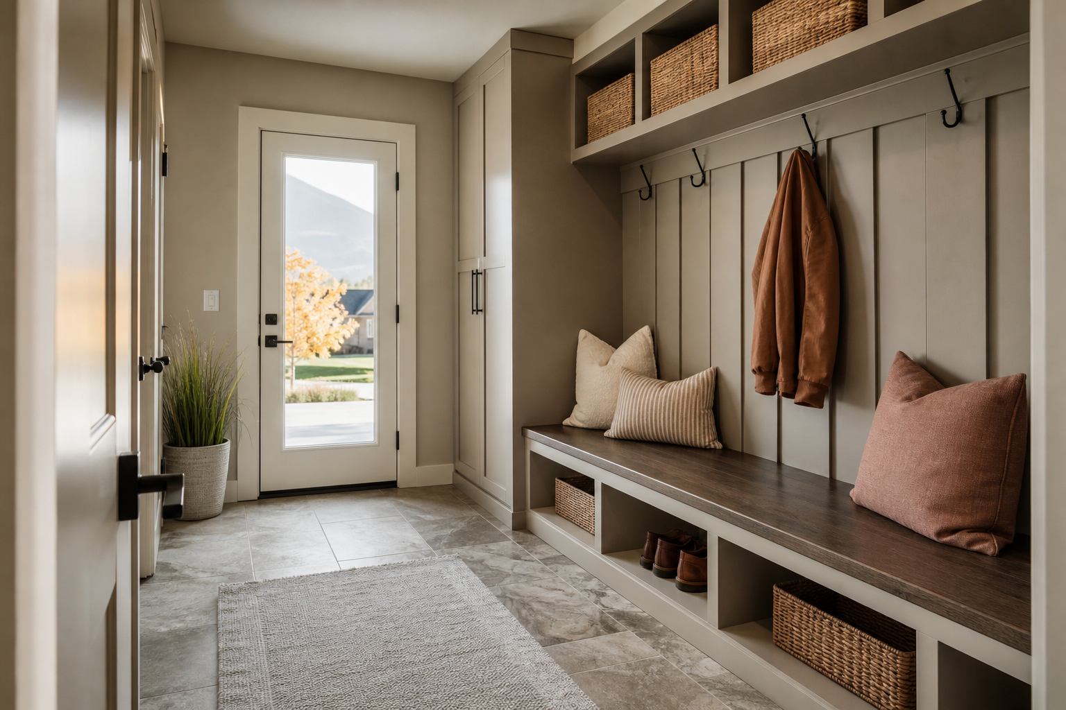 Finished Bluffdale-style mudroom with porcelain tile flooring for wet-shoe season