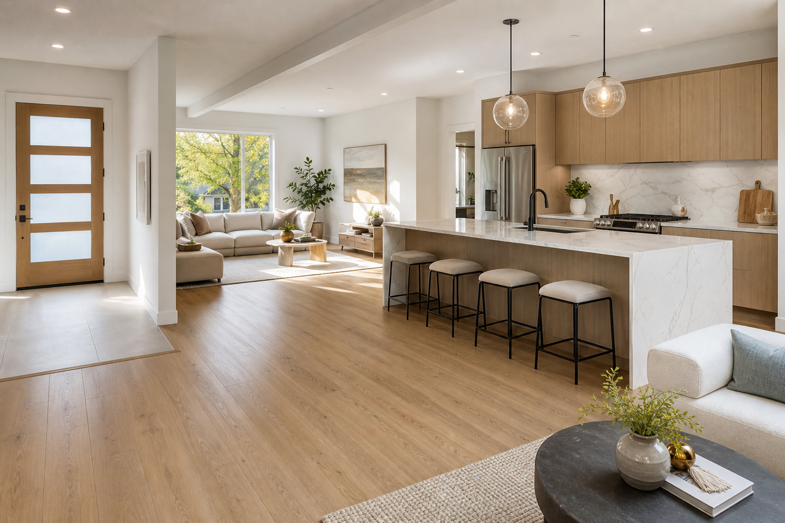 Bright finished open-plan kitchen and living space with light oak luxury vinyl flooring and a tiled entry