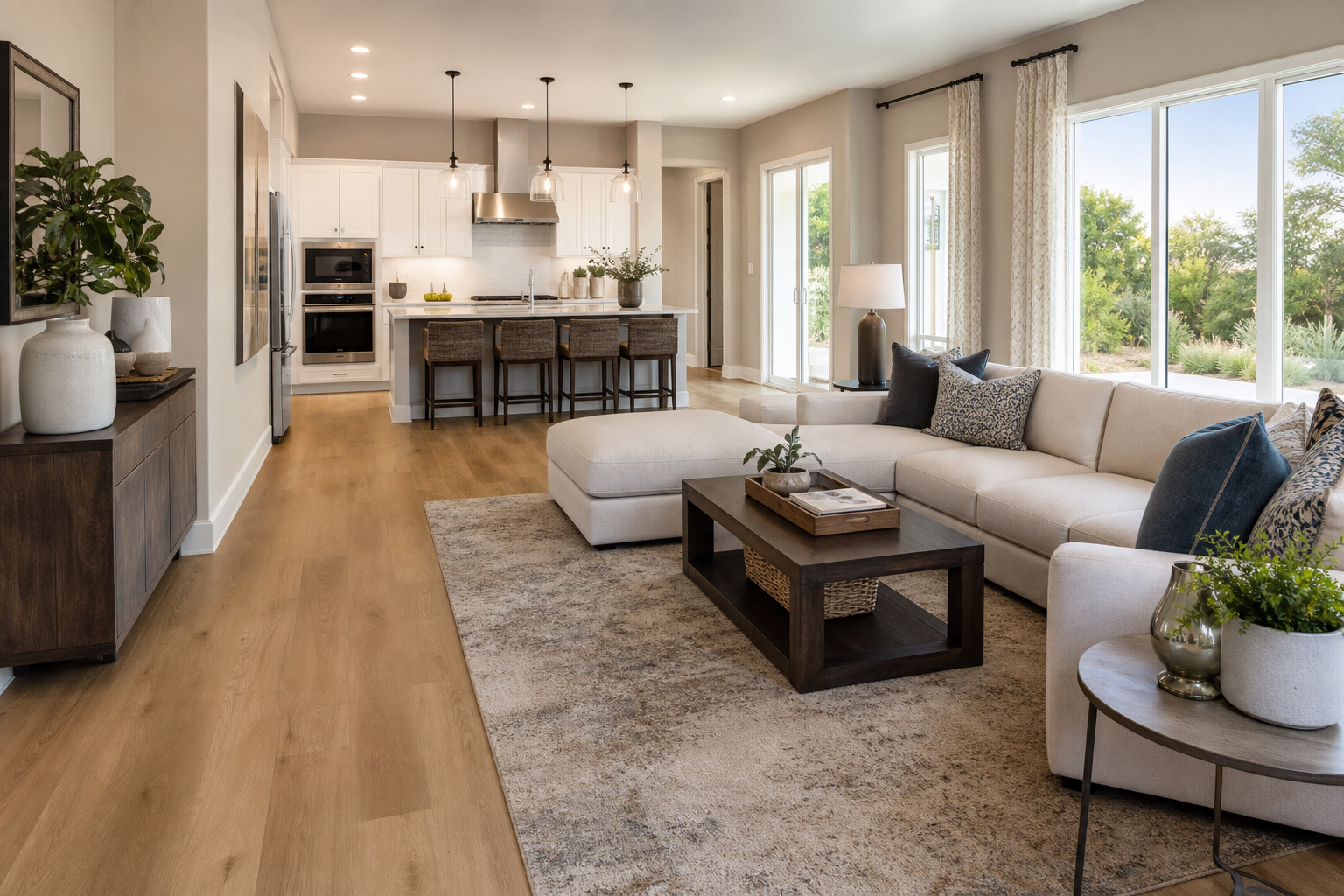 Finished living room with warm wood-look luxury vinyl plank flooring