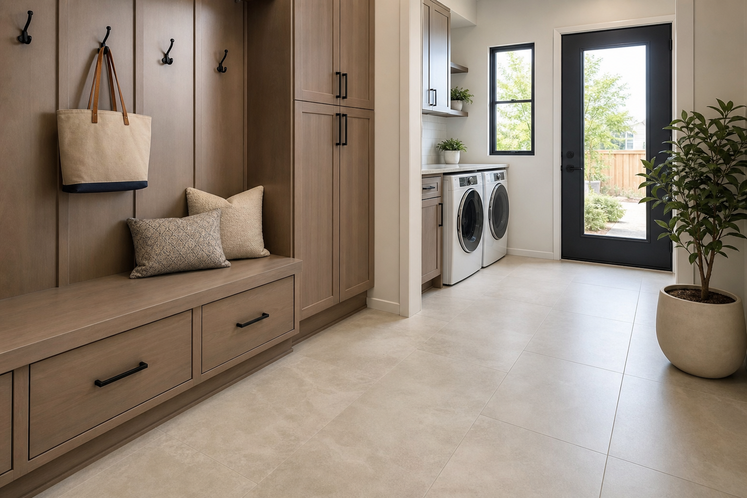 Finished laundry and entry area with porcelain tile flooring