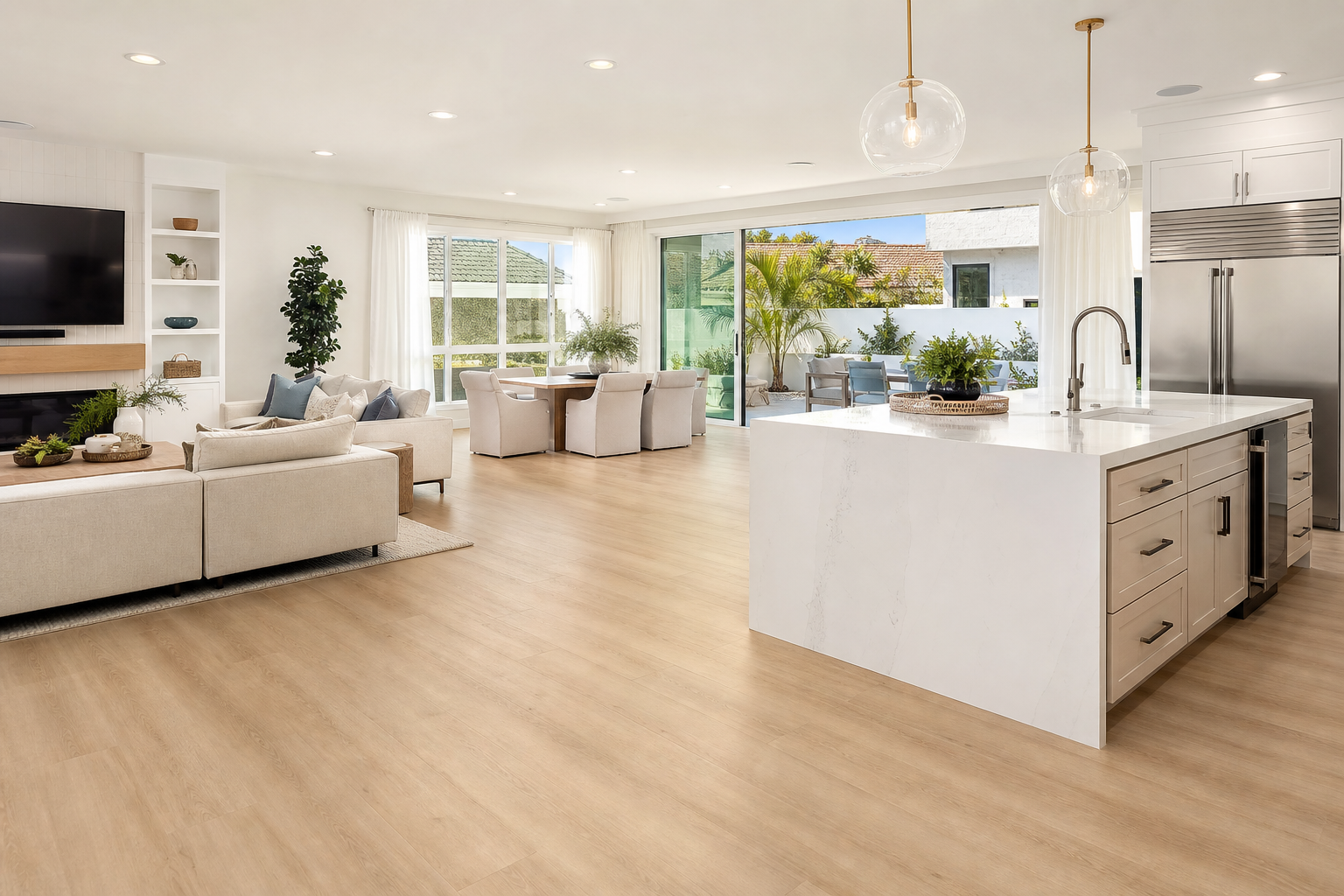 Open-concept kitchen and family room with installed light oak luxury vinyl plank flooring