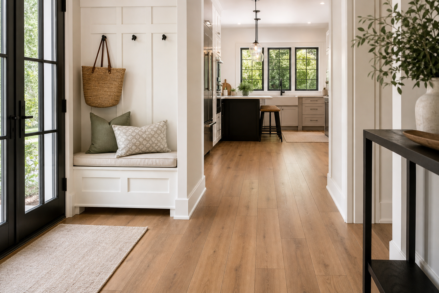 Finished entryway and kitchen with installed luxury vinyl plank flooring