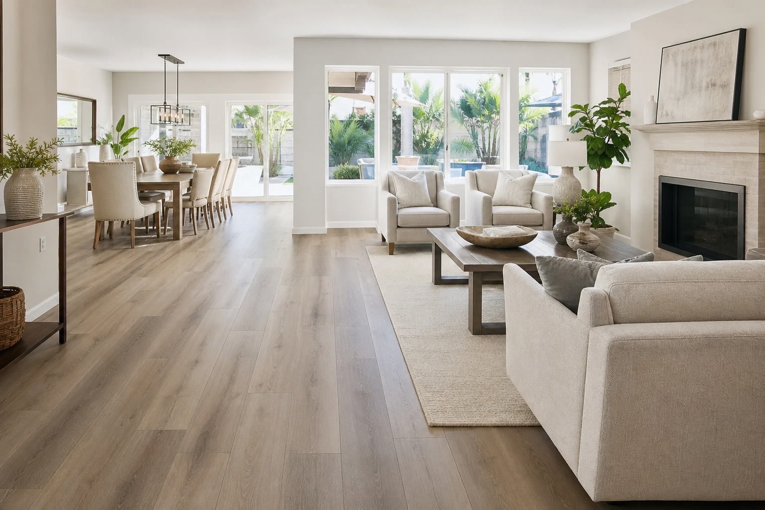 Finished great room and dining area with continuous luxury vinyl plank flooring