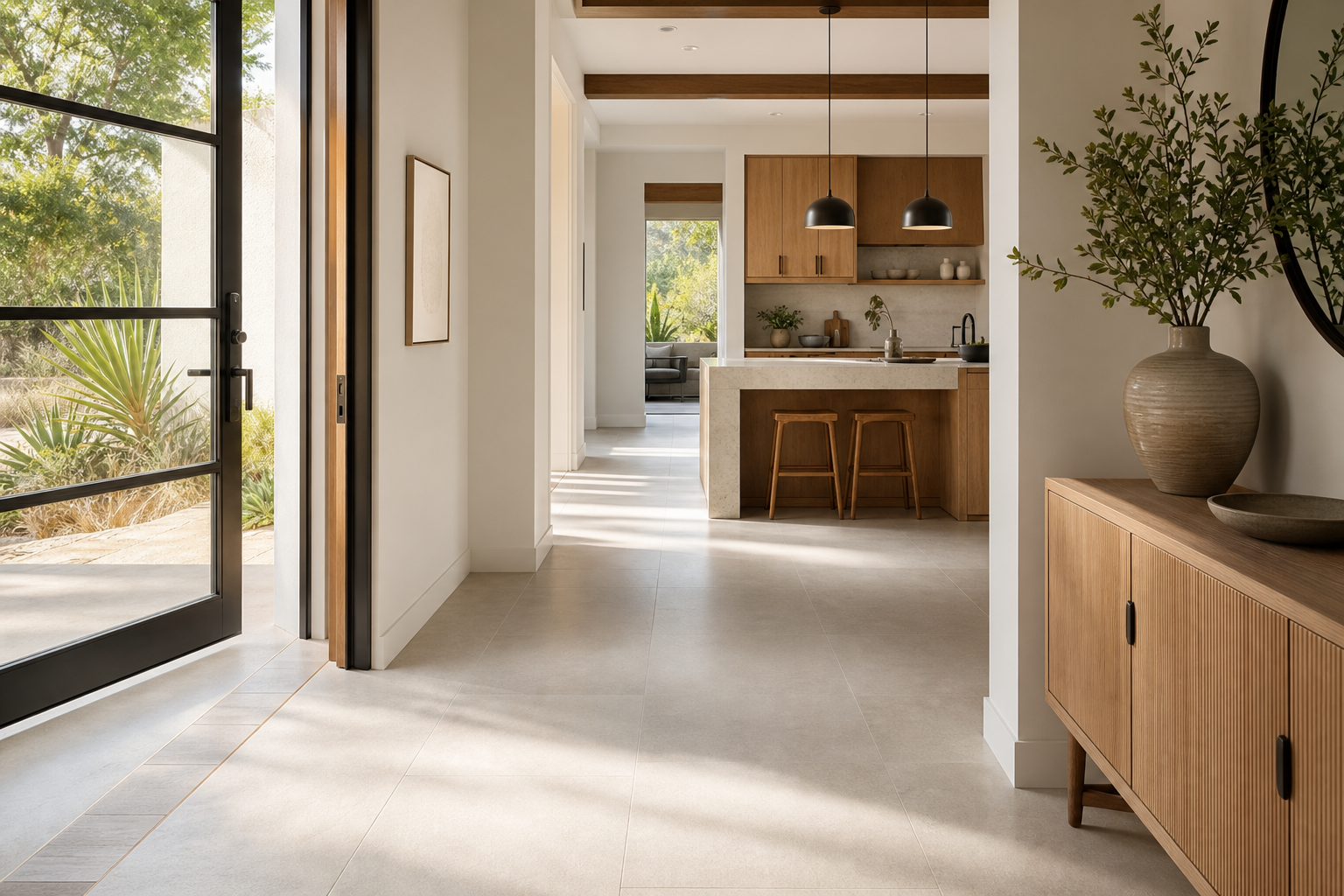 Bright finished Lincoln-area home entry with light porcelain tile and a clean indoor-outdoor summer feel.