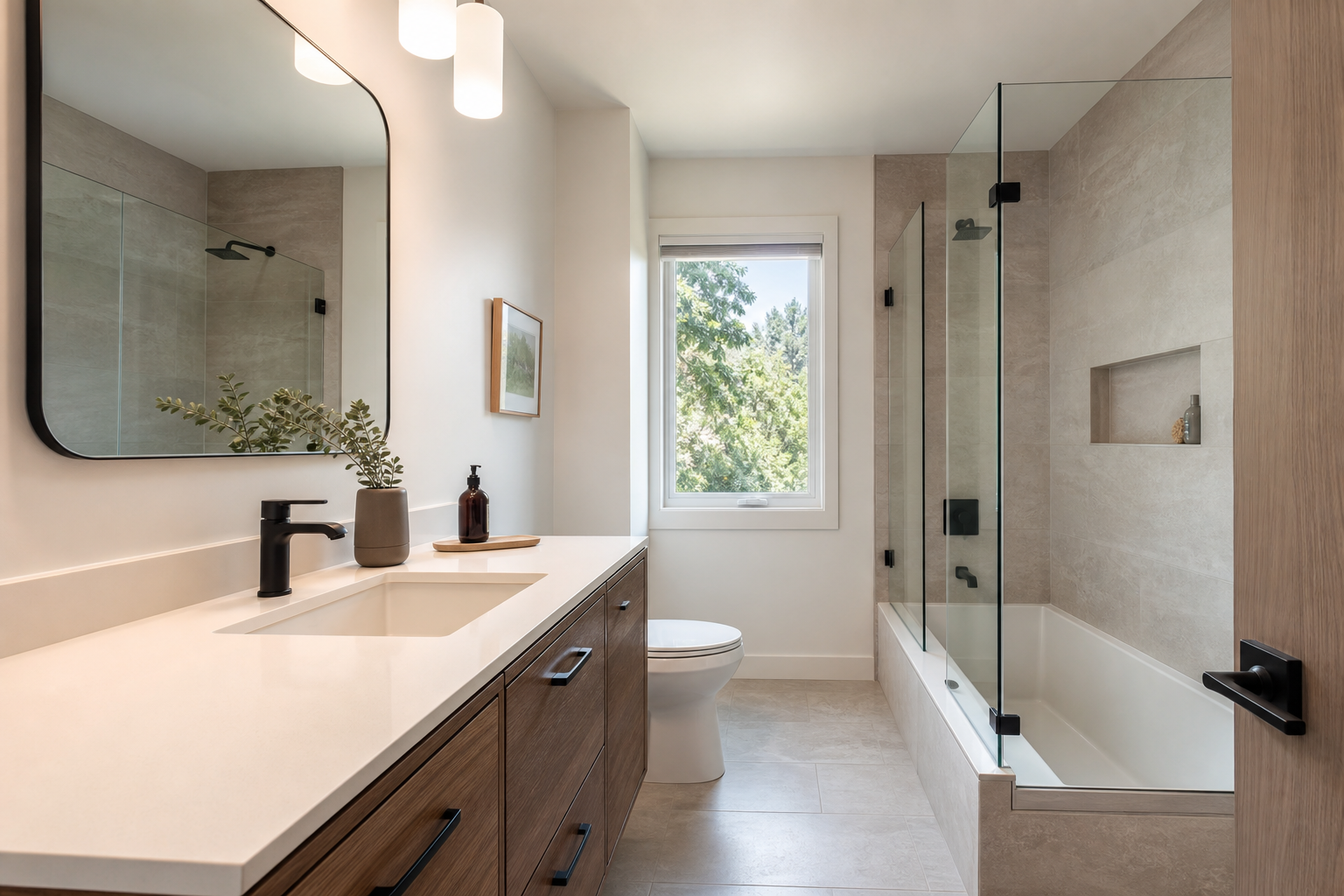 Finished hall bathroom with porcelain tile floor and shower in soft stone tones.