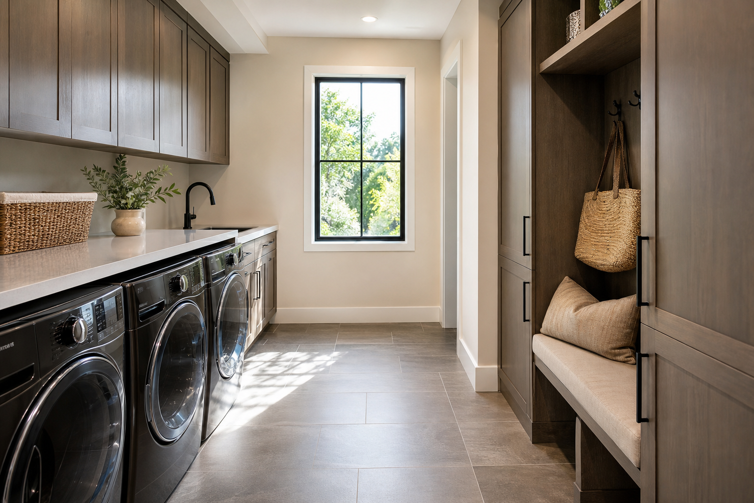 Finished laundry and drop zone with durable porcelain tile flooring and warm neutral cabinetry.