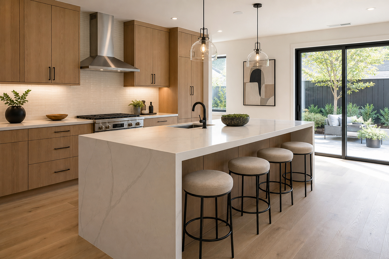 Finished Lincoln-style kitchen with a countertop island and coordinated backsplash