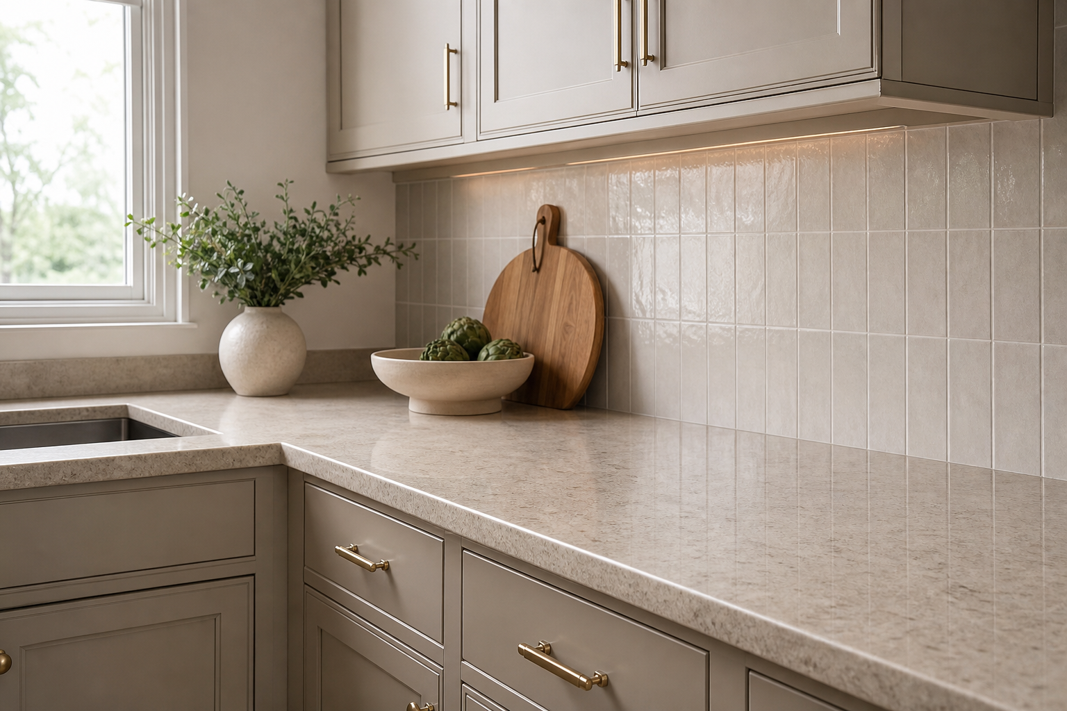 Finished kitchen corner showing countertop edge detail and backsplash pairing