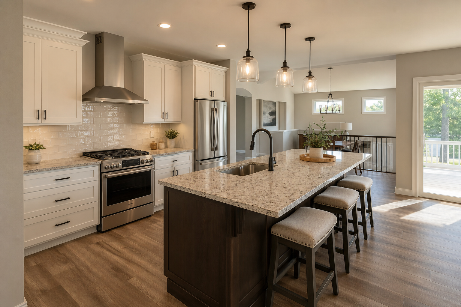 Finished open kitchen with coordinated countertop, backsplash, and flooring