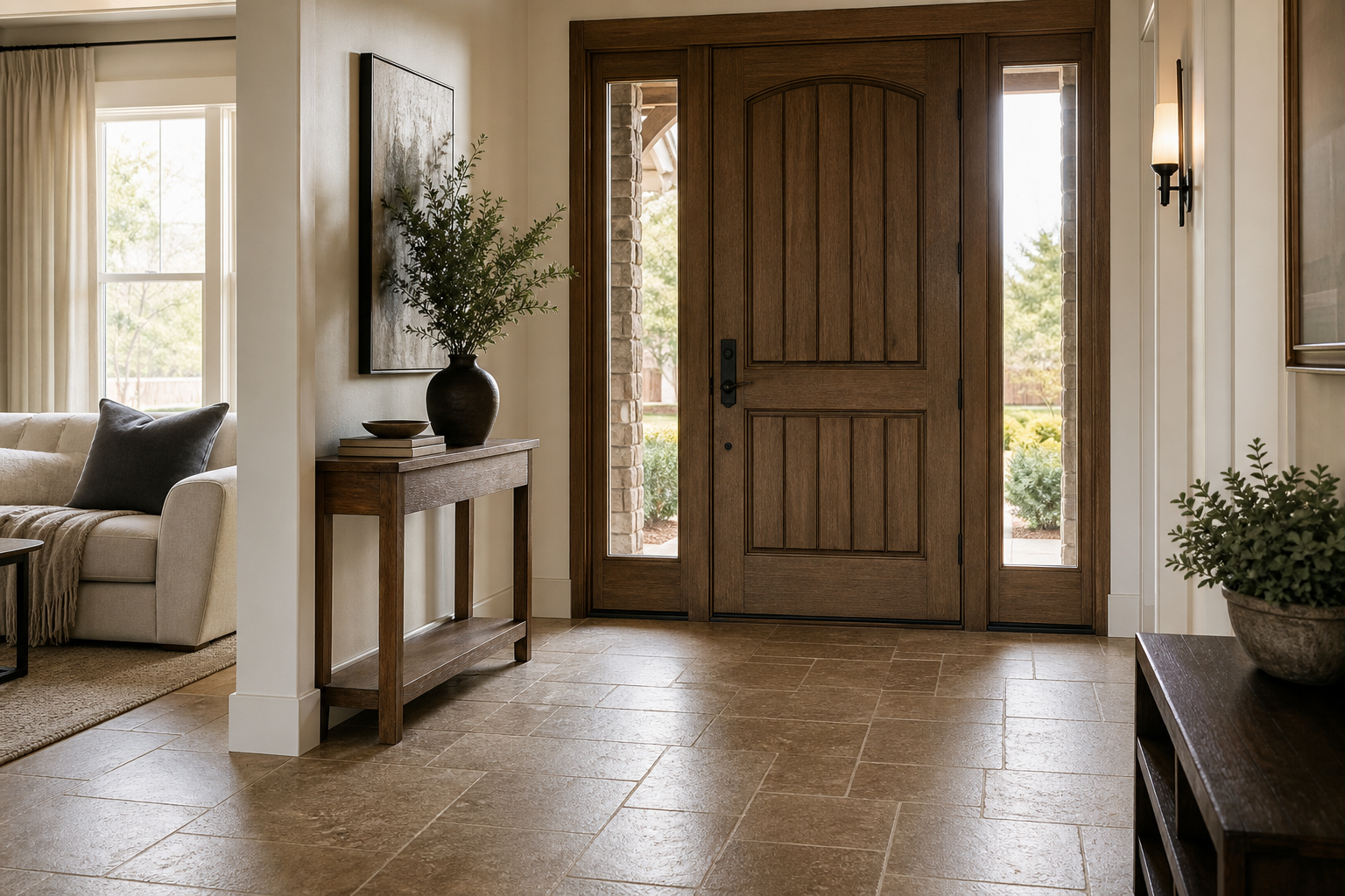 Finished home entry with natural stone flooring suited for a hot dry climate