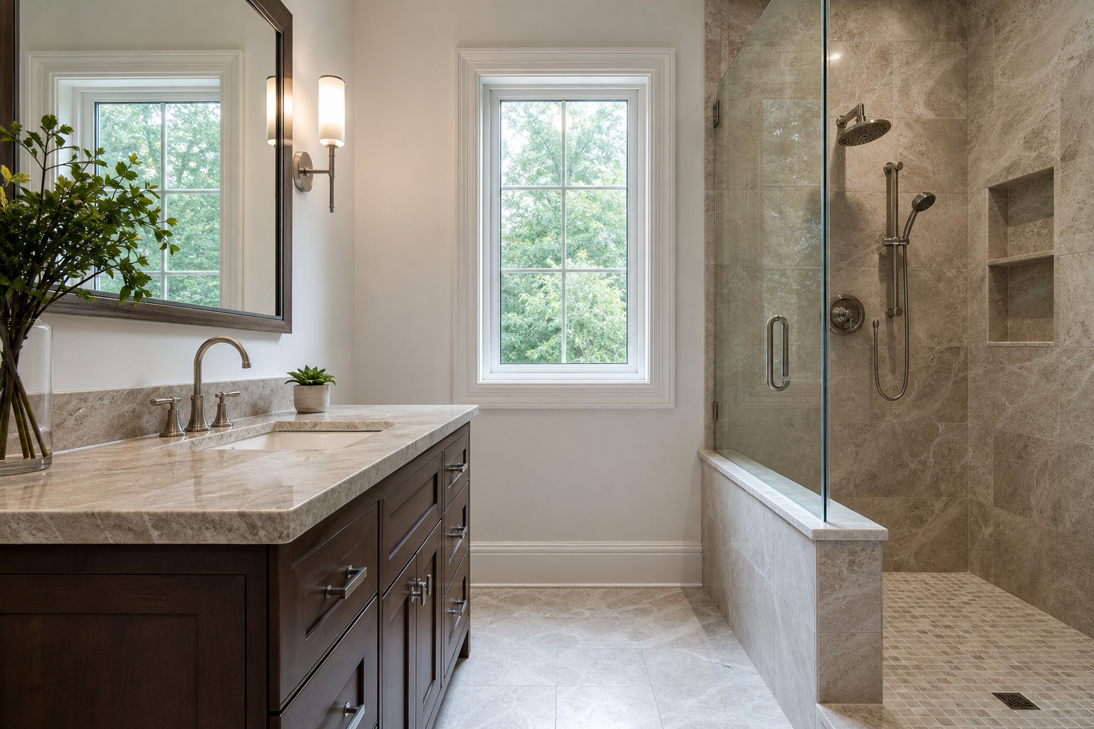 Finished bathroom with natural stone vanity and shower surfaces