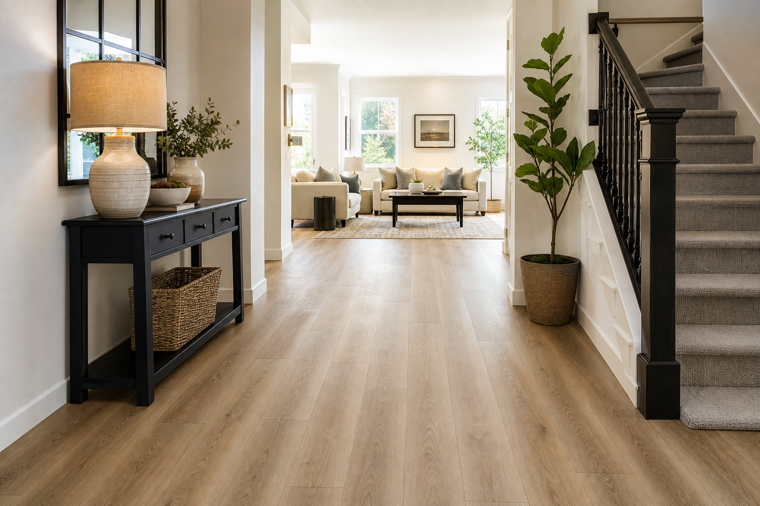 Finished entry hall with installed luxury vinyl plank flooring and natural light.