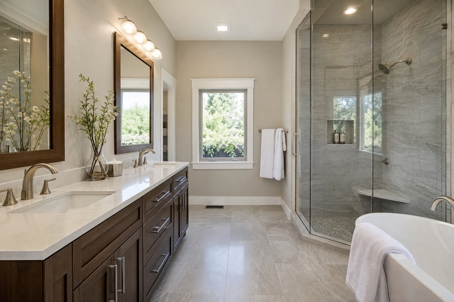 Finished bathroom with installed porcelain tile flooring and shower walls.