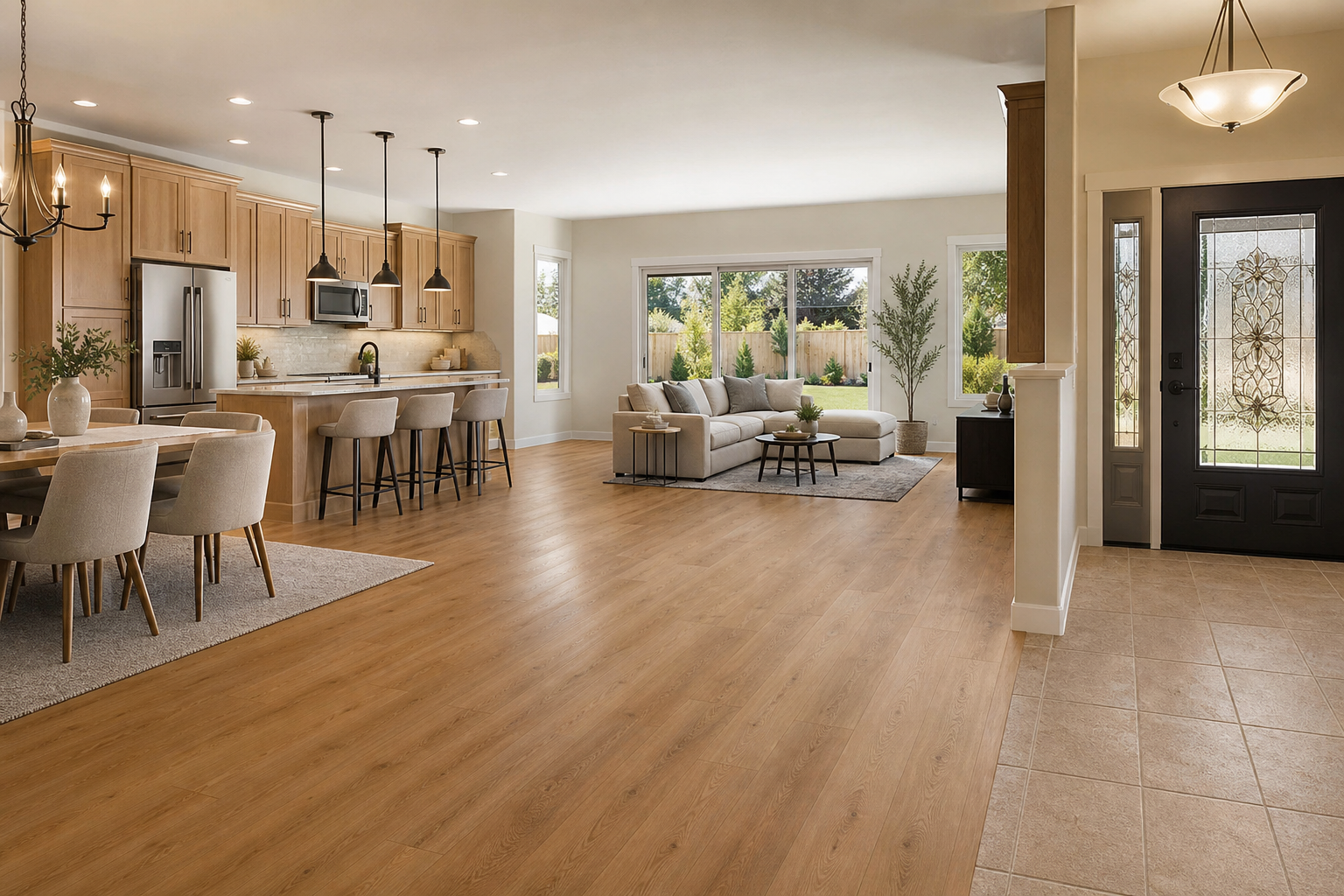 Open-concept living area with LVP and adjacent tiled entry
