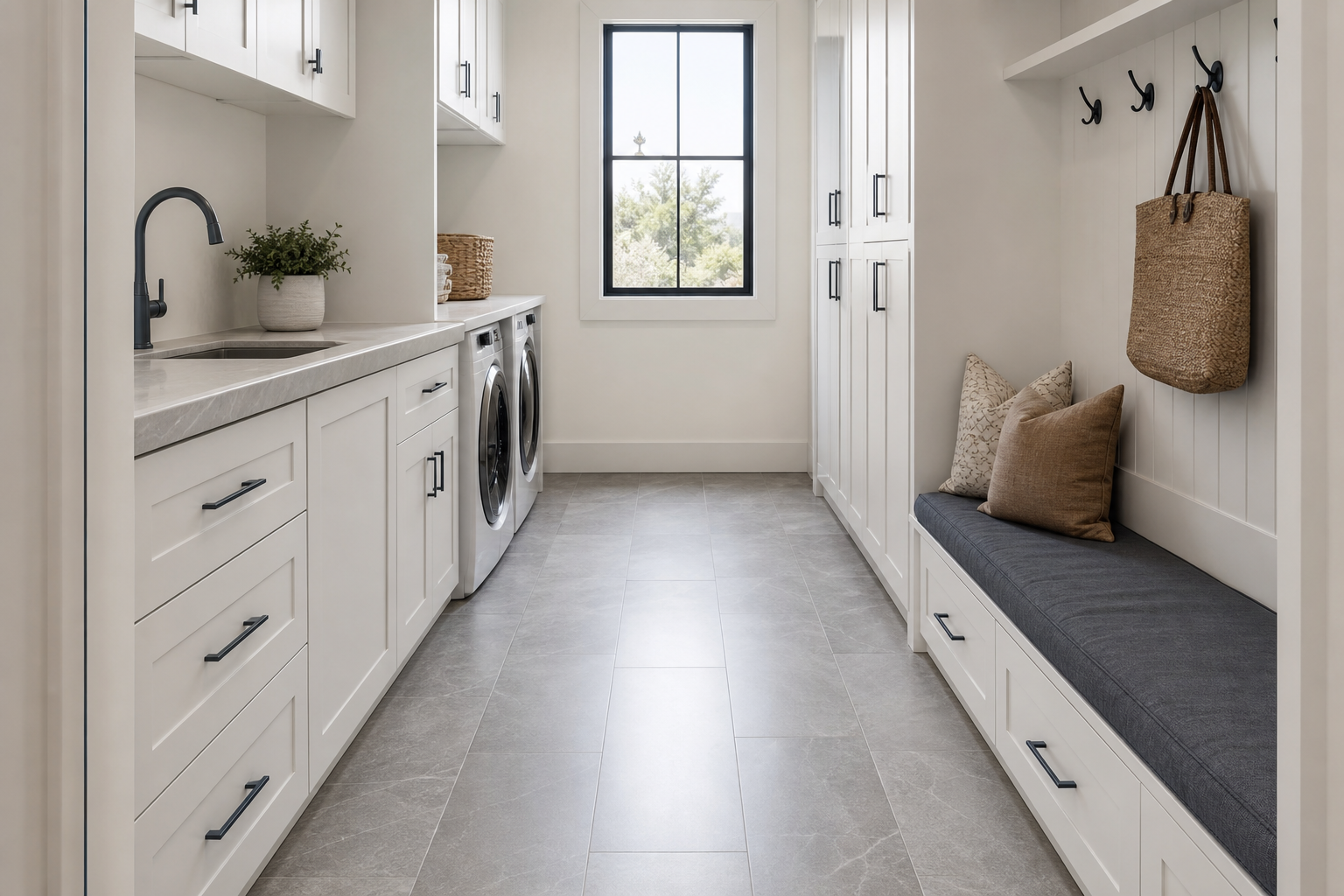 Finished tiled laundry and mudroom area