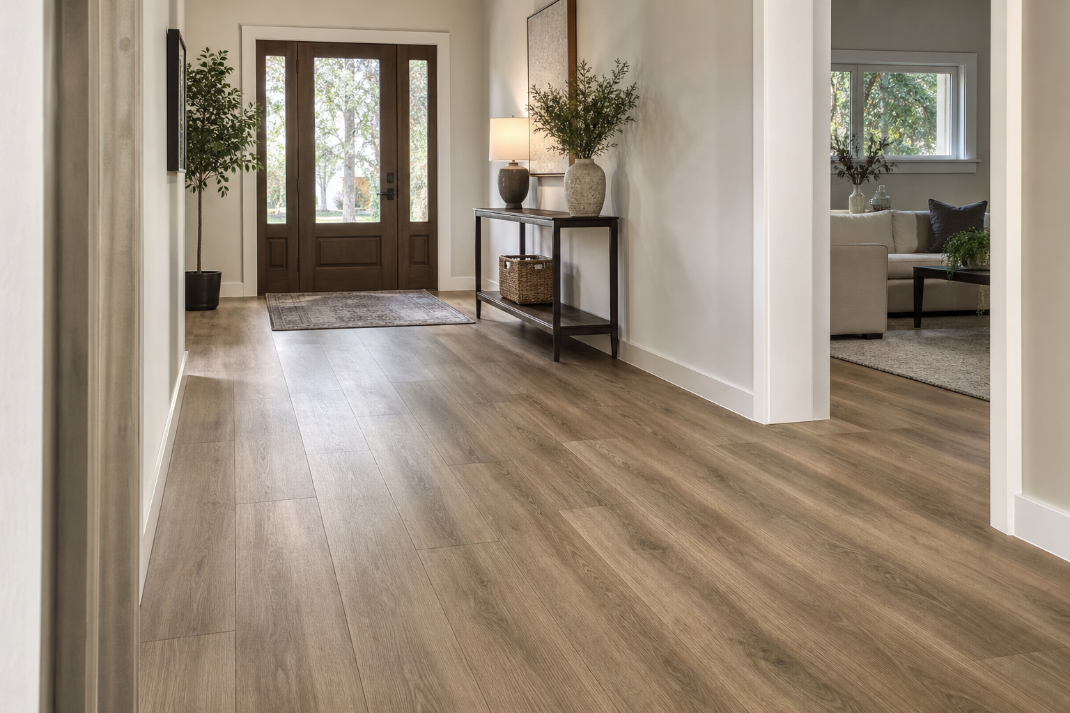 Finished entry and hallway with wood-look luxury vinyl plank flooring