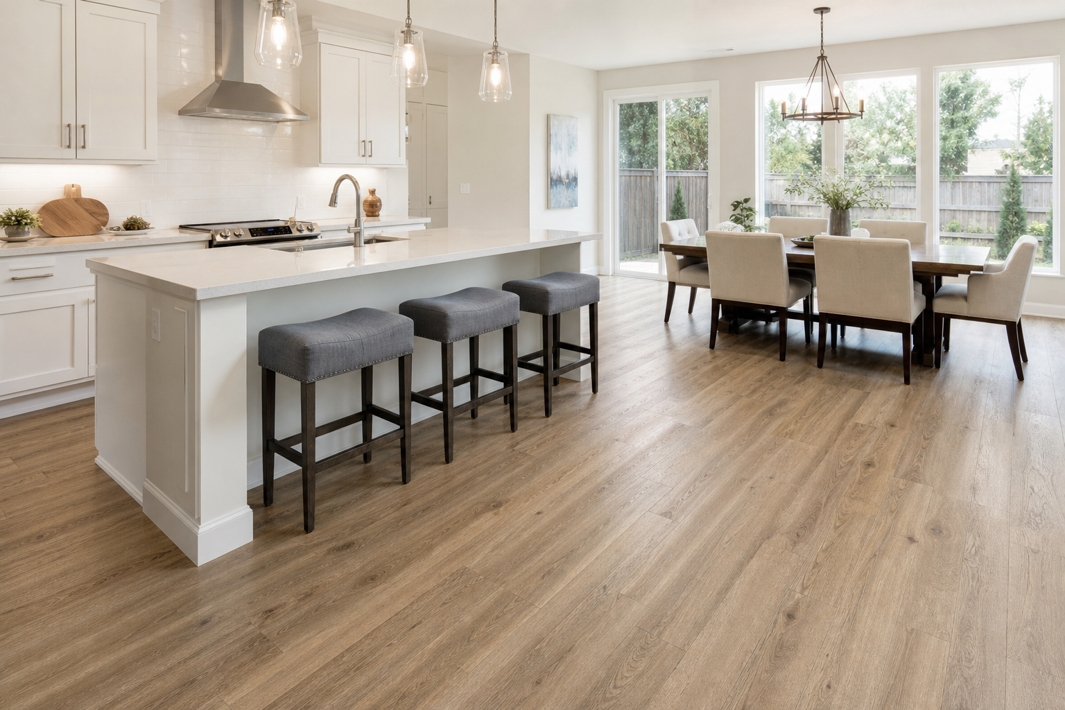 Finished kitchen and dining area with seamless luxury vinyl plank flooring