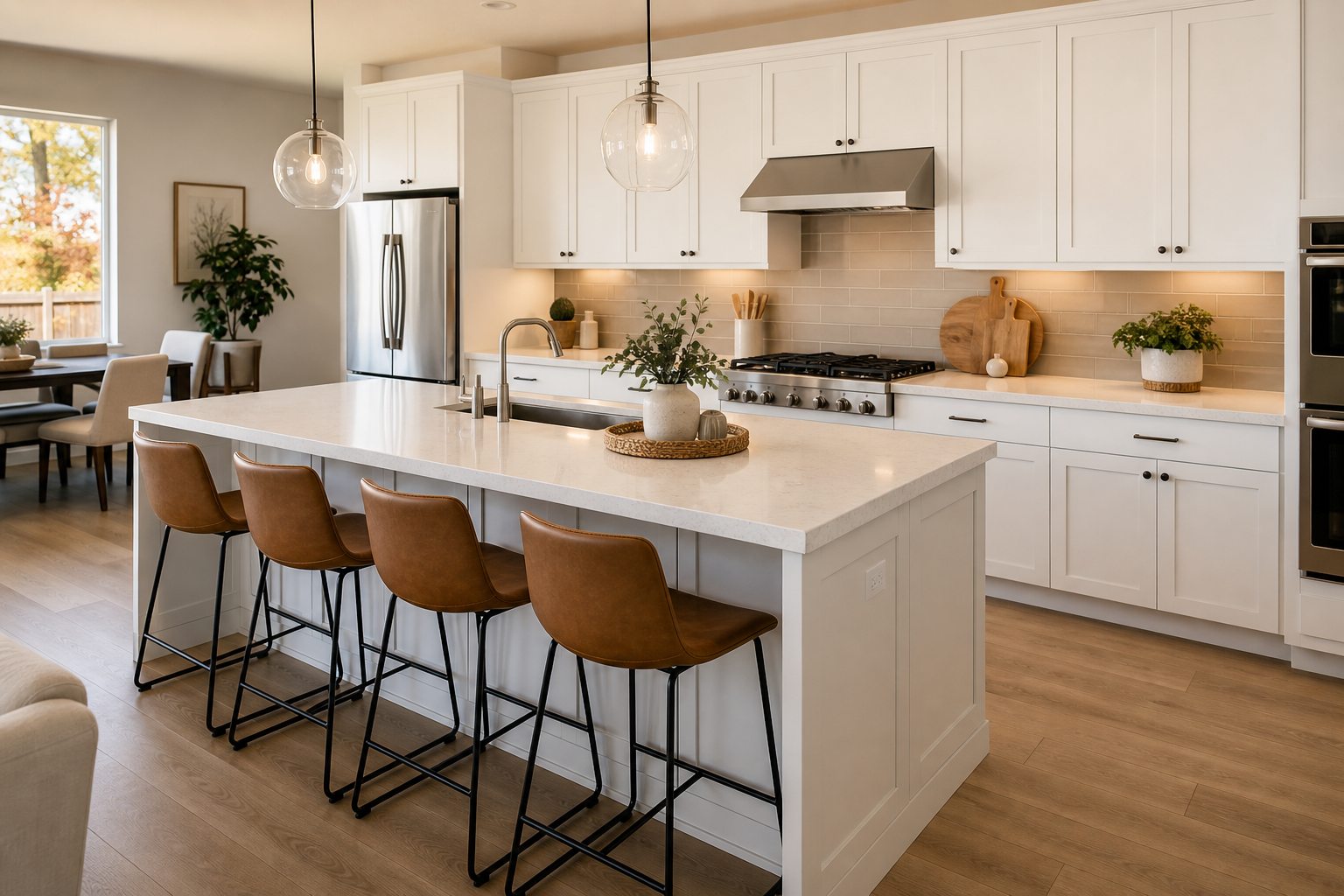 Finished Lincoln-area kitchen with bright countertops, neutral backsplash tile, and warm flooring